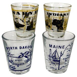 Set Of 4 Vintage Shot Glasses State Theme Maryland Indiana North Dakota And Main